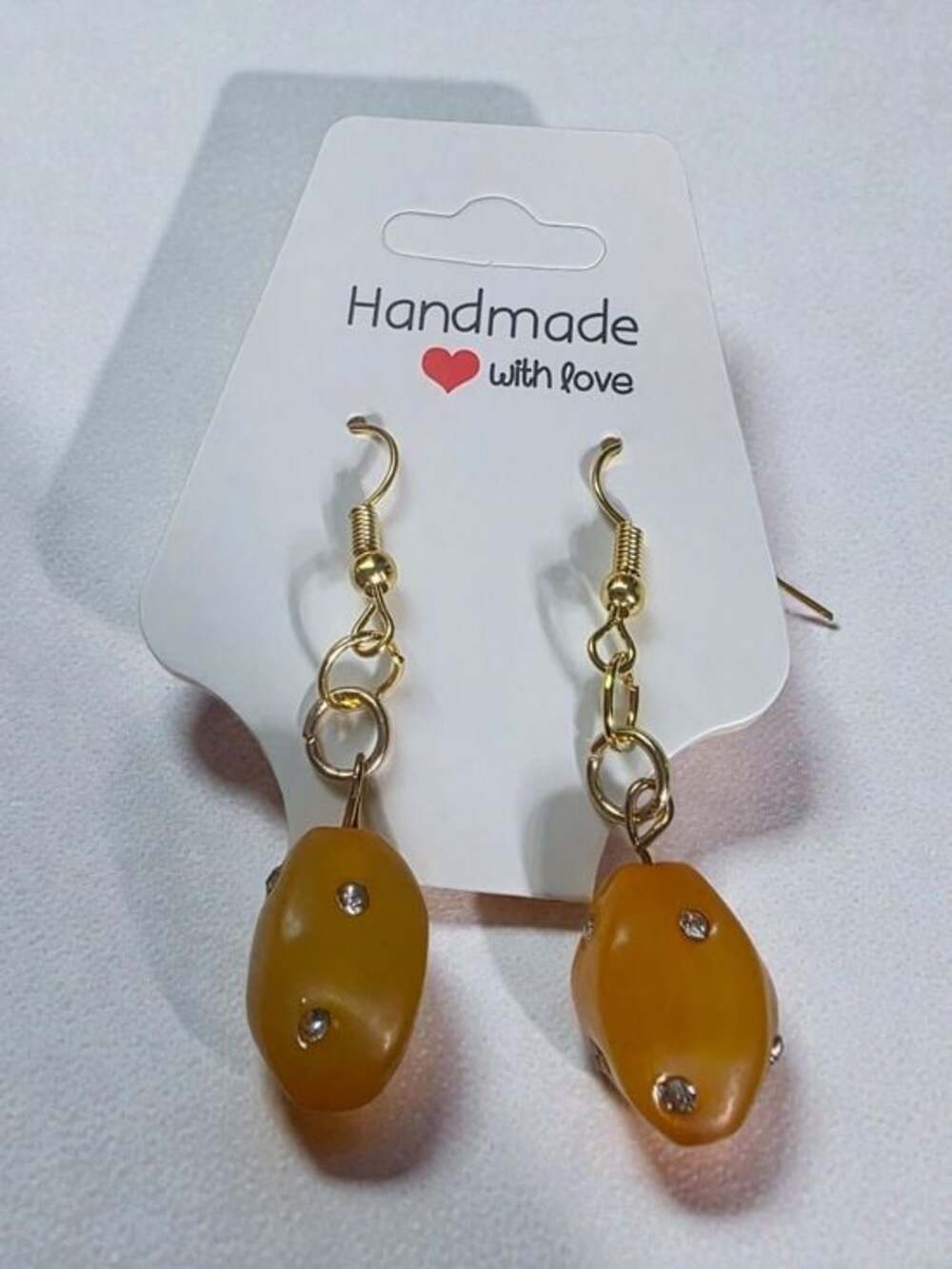 Handmade Gold Rhinestone Mustard Yellow Dangle Earrings